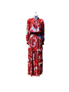 Farm Rio Azalea Maxi Dress Lava Red Tropical Floral Beaded Tassel Size M